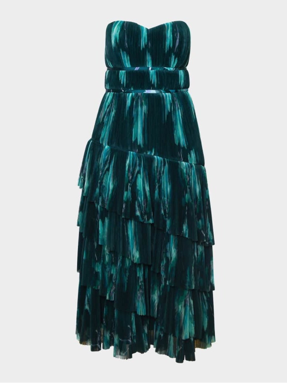Hutch Lanza Teal & Emerald Strapless Tiered Maxi Dress